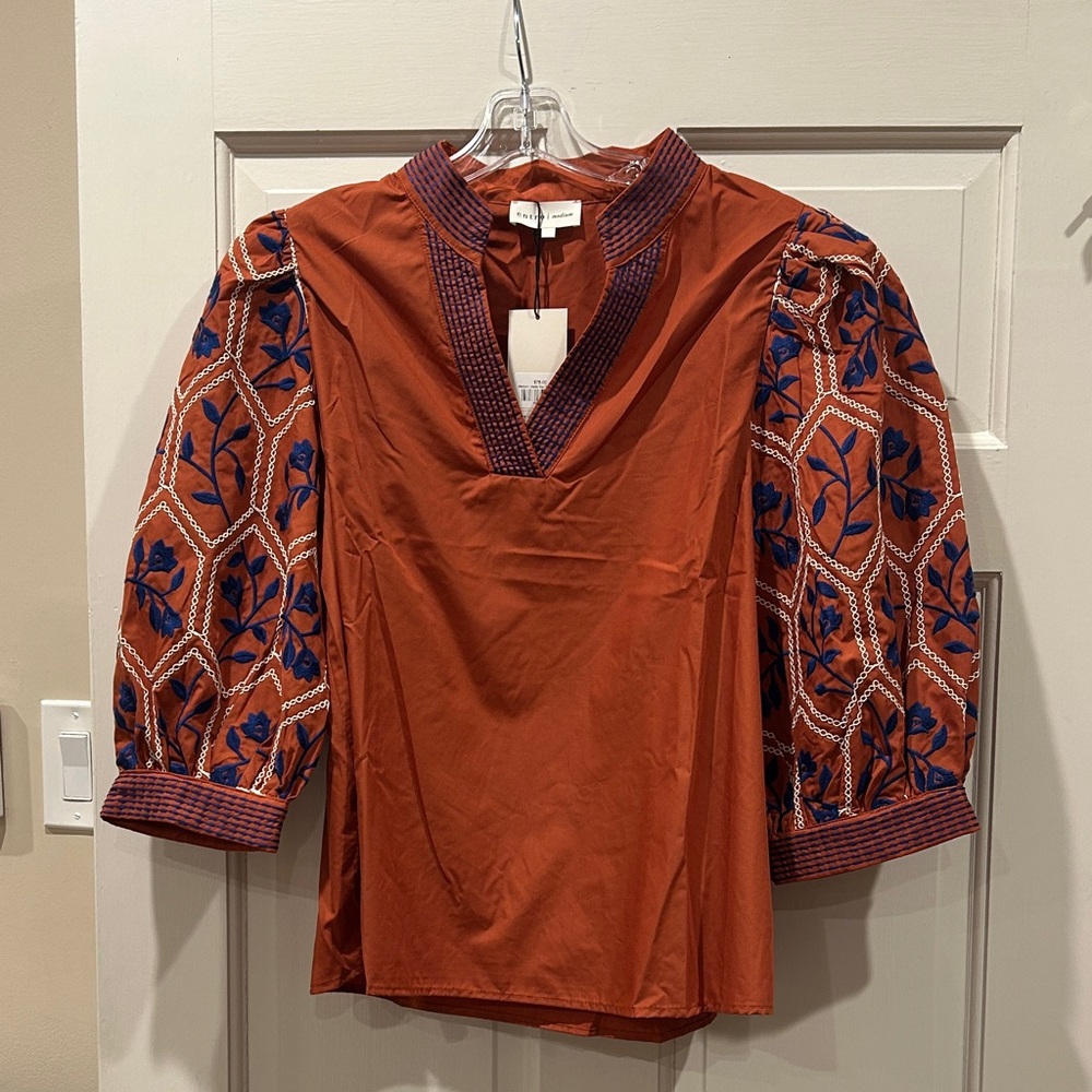 Entro Terracotta Blouse with Embroidered Sleeves. NEW WITH TAGS!!!